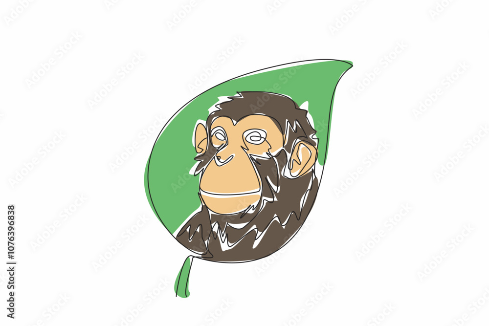Poster single continuous line drawing monkey head in the middle of the leaf. saving from extinction. doing 