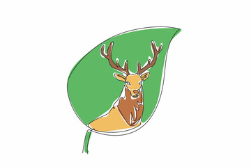 Naklejka premium Continuous one line drawing deer head in the middle of the leaf. Don't let it become extinct. Make nature a natural home. Habitats. World Wildlife Day. Single line draw design vector illustration