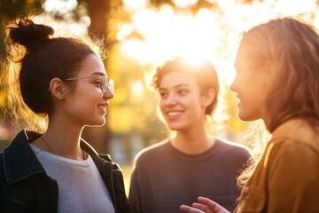 Friends engaged in a supportive conversation outdoors under warm sunlight