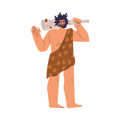 Primitive Man Character and Caveman in Loincloth Stand with Bludgeon Vector Illustration