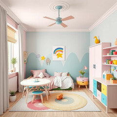 Colorful interior design Children room decorated with pastel colors