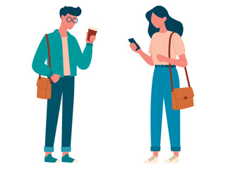 Young people, students, discussing, chatting coffee, phones, in different clothes set