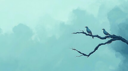Two Birds Perched on a Branch Against a Cloudy Sky