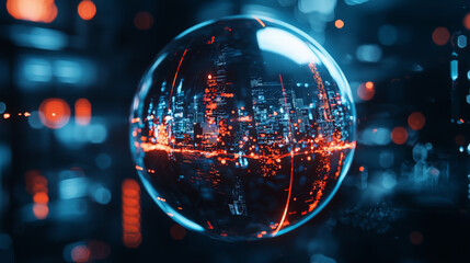 crystal ball reflecting vibrant cityscape with glowing lights, showcasing futuristic urban environment. scene captures blend of technology and imagination