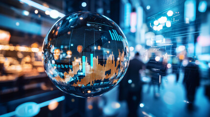 Crystal ball reflecting data trends and bustling market scene, showcasing vibrant graphs and analytics in futuristic environment