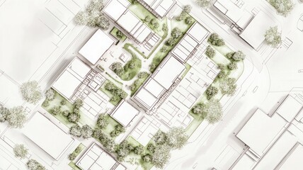 Aerial view of a landscaped urban development plan.
