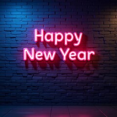 Obraz premium A neon-style HAPPY NEW YEAR text mounted on a dark brick wall, glowing in colors