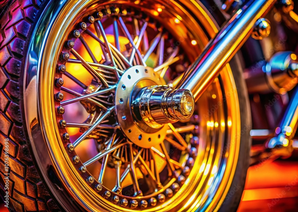 Poster captivating close-up of a motorcycle wheel emphasizing detail and design through the rule of thirds 