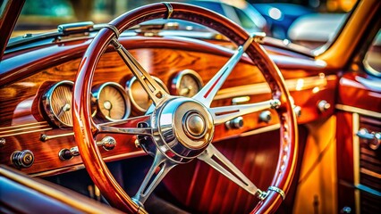 Captivating Close-Up of a Classic Steering Wheel: A Beautiful Display of Design and Functionality in Automotive Photography