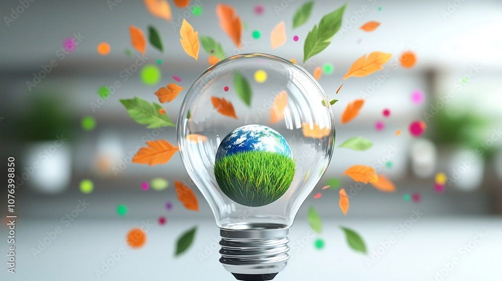 Poster close up of a transparent eco friendly light bulb with a small grassy Earth inside representing nature and sustainability
