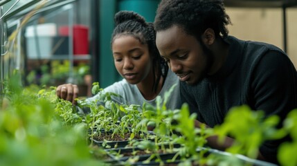 Partners cultivating plants in a rooftop greenhouse, showcasing urban agriculture innovation