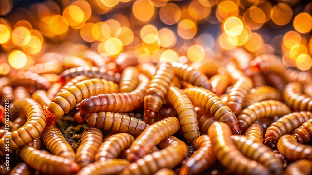 Poster captivating close-up of rat-tailed maggots in a natural habitat with bokeh effect creating a dreamy 