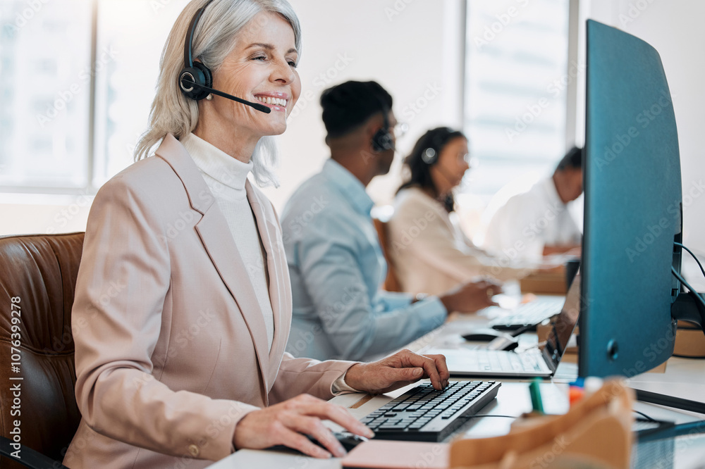 Poster mature woman, happy and computer at call center with reading, advice or solution with customer servi