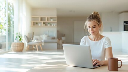 A relaxed woman working on her laptop in a light filled minimalist home office setting with a warm brown coffee mug nearby adding a cozy touch to the professional environment