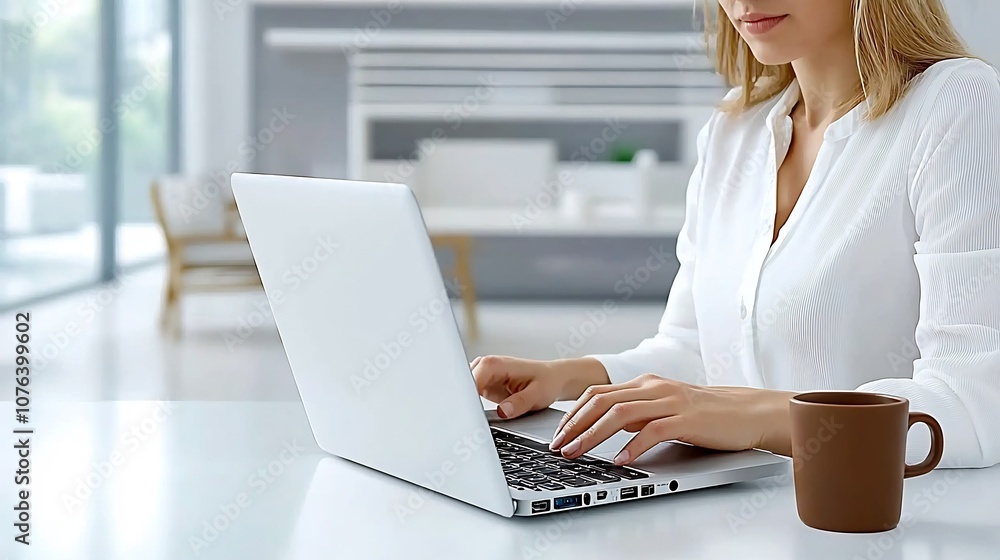 Poster A focused woman working intently on her laptop in a modern minimalist office space with a clean bright background and a warm brown coffee cup adding a touch of coziness to the serene