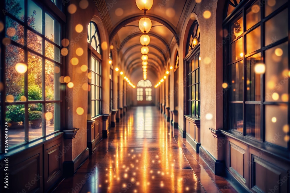 Poster captivating corridor with bokeh effect: a dreamy perspective on architectural depth and light play f