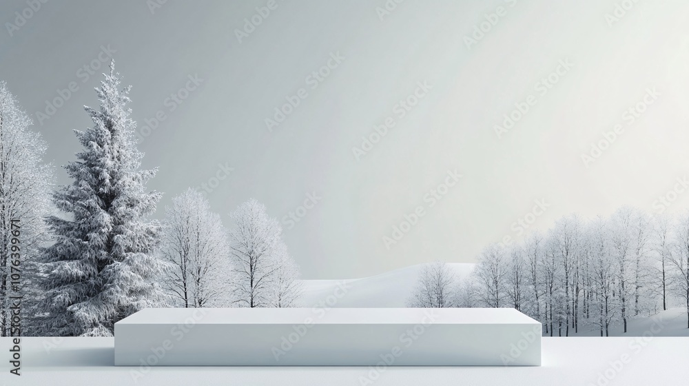 Poster white rectangular podium displaying products in beautiful winter wonderland with snowy trees
