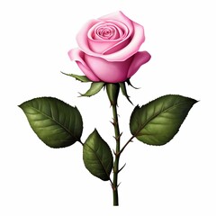 Isolated pink rose flower, floral clip art, elegant rose with stem and leaves 