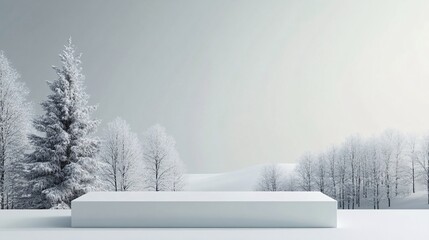 Fototapeta premium White rectangular podium displaying products in beautiful winter wonderland with snowy trees