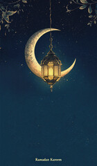 Ramadan Kareem greeting card with crescent moon and Arabic lantern illustration banner template design for Ramadan Kareem  theme,blue colors, dark blue background. suitable for a commercial ad poster.