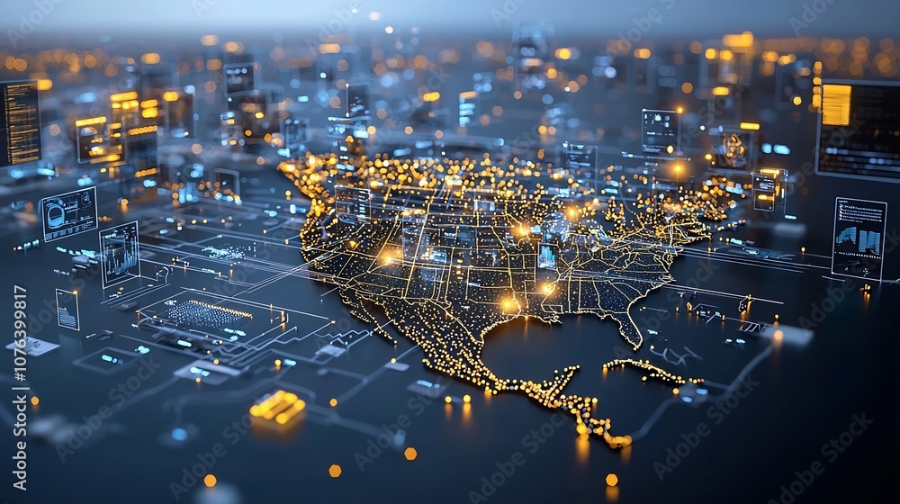 Aufkleber Futuristic visualization of North America formed with bright golden dots and network like lights each point symbolizing data flow and creating a dynamic sense of depth and movement