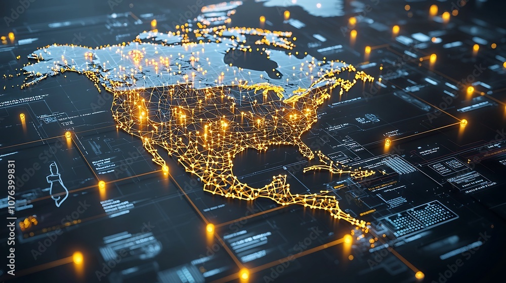Poster Futuristic digital depicting North America as a glowing network of golden data points and nodes creating an intricate high tech landscape with a visually striking and conceptual appearance