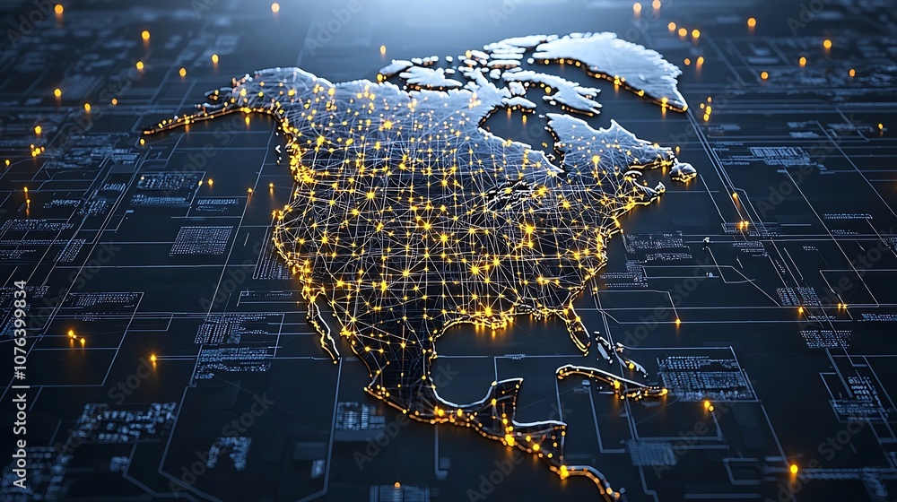 Poster futuristic digital representation of the north american continent featuring a bright golden network 