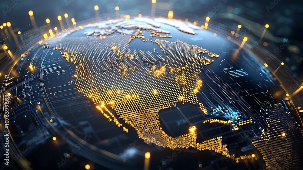 Poster glowing digital landscape of north america on futuristic global data grid abstracted aerial view of 