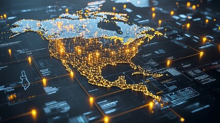 Futuristic digital depicting North America as a glowing network of golden data points and nodes creating an intricate high tech landscape with a visually striking and conceptual appearance