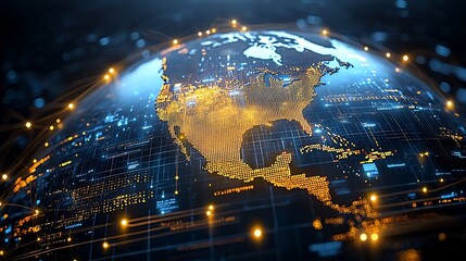 Fototapeta premium Close up view of a digital globe pulsing with a vibrant data network featuring a grid of glowing golden pixels and nodes that create a sense of depth motion and high tech energy