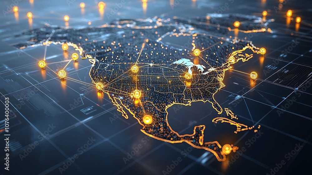 Poster A digital depicting North America as a glowing grid with golden nodes representing the intricate network of data and connectivity