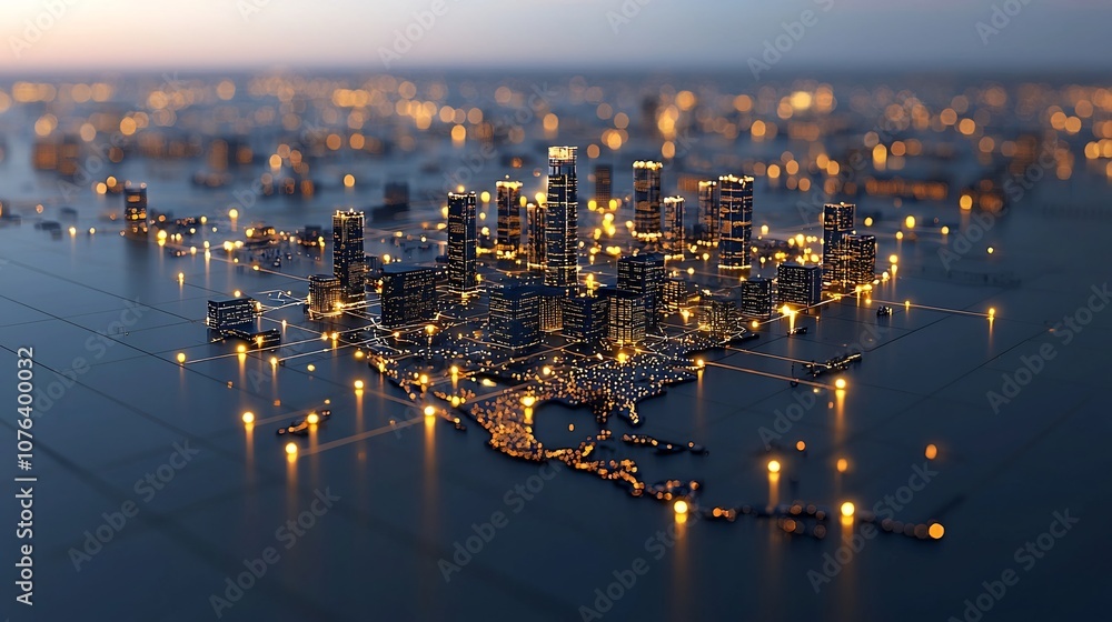 Poster North America represented as a digital grid illuminated by a glowing network of golden nodes creating a sense of technological depth and sophistication