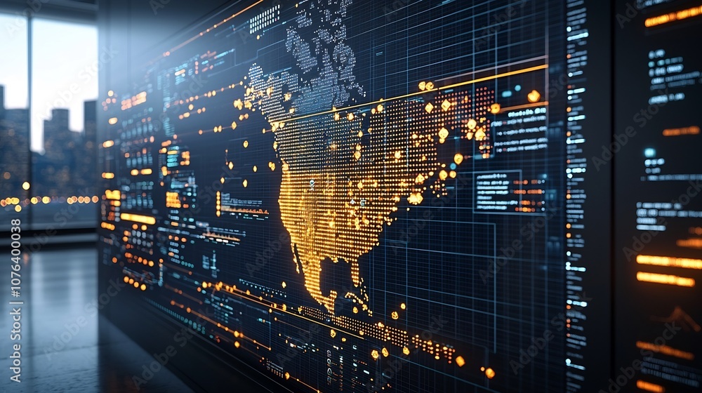 Poster glowing digital grid with golden nodes illuminating the outline of north america