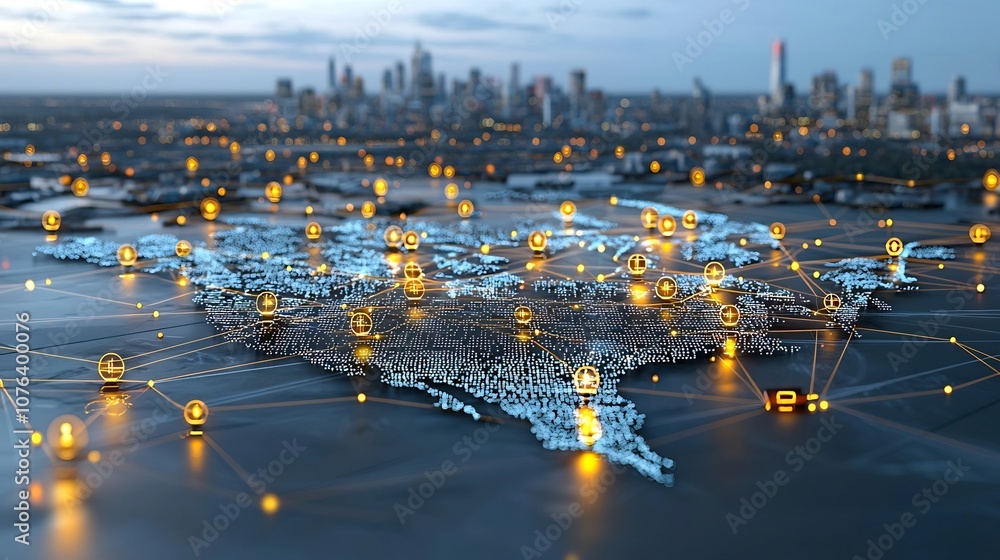 Poster A digital visualization of North America as a glowing interconnected grid highlighting the depth and sophistication of technological networks data flows