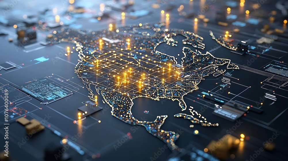 Poster Futuristic digital map of North America displaying a high tech network of glowing golden nodes grid patterns and lights of varying brightness