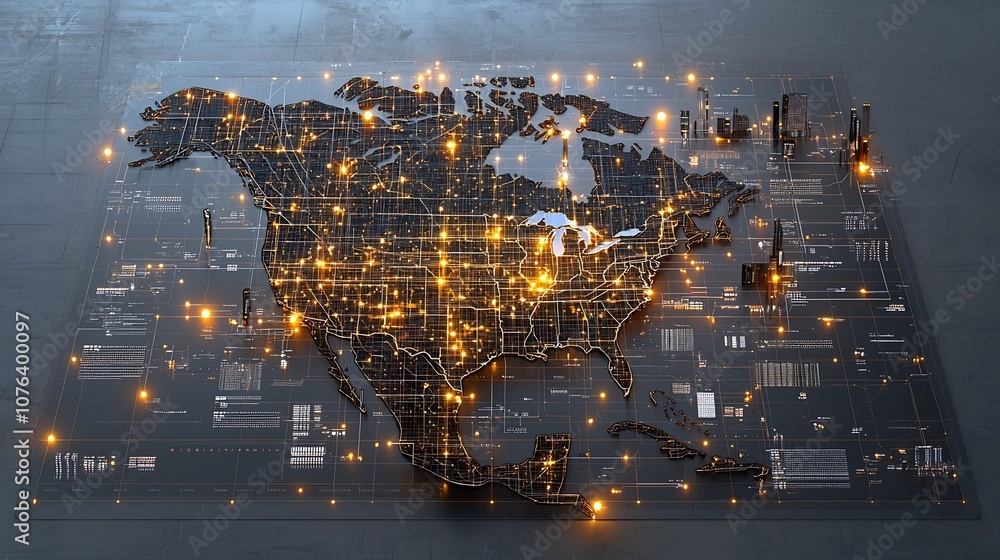Aufkleber Glowing digital map of North America with a network like grid pattern golden nodes and lights of varying brightness visualizing data and global connectivity