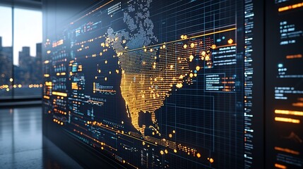 Glowing digital grid with golden nodes illuminating the outline of North America