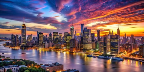 Captivating Day to Night Transition Over Manhattan Skyline Showcasing the Vibrant City Lights of New York City with Iconic Skyscrapers and the Hudson River at Dusk