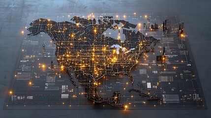 Glowing digital map of North America with a network like grid pattern golden nodes and lights of varying brightness visualizing data and global connectivity