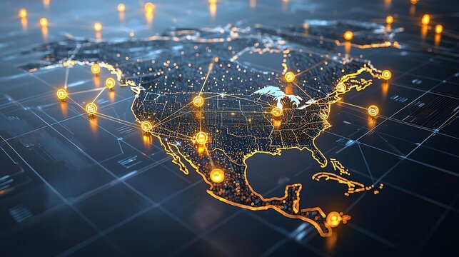 A digital depicting North America as a glowing grid with golden nodes representing the intricate network of data and connectivity