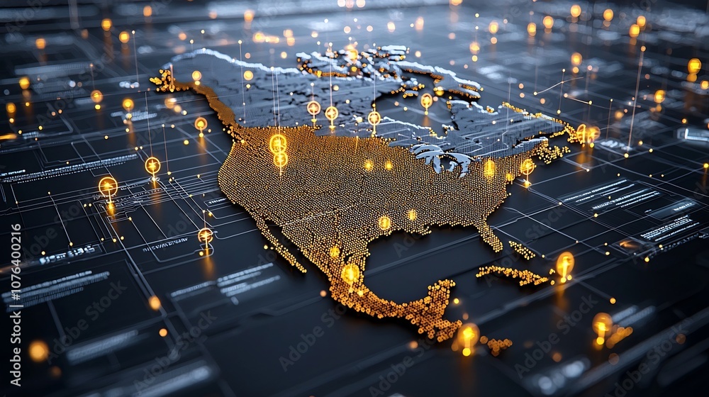 Poster Futuristic digital representation of the North American continent featuring a network of pixelated golden nodes that resemble data points  The illuminated network captures a sense of depth movement