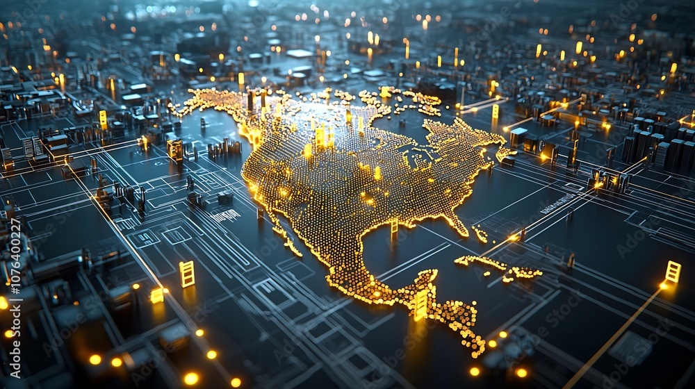 Poster Illuminated digital representation of North America s futuristic network with pixelated golden nodes that resemble data points the network illuminated with depth and movement
