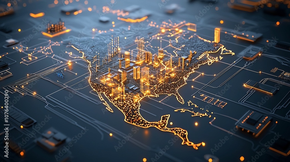 Aufkleber Digitally rendered map of North America with a dynamic high tech network grid layout showcasing a vibrant intense golden data flow and connectivity patterns symbolizing the advanced