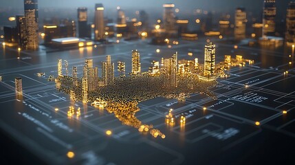 Futuristic digital representation of a vast network of interconnected data points with a golden pixelated structure that conveys a sense of technological depth and movement