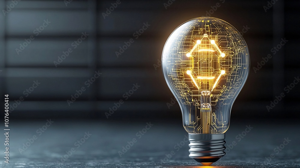 Aufkleber Transparent glass light bulb with complex golden circuitry inside symbolizing the fusion of creativity and advanced technology on a dark background with warm lighting emanating from the metallic base
