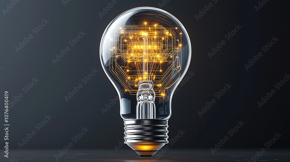 Poster Transparent light bulb with intricate golden circuitry symbolizing the convergence of creativity and advanced technology  The metallic base emits a warm glow