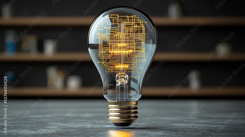 Poster Transparent light bulb with complex internal golden circuitry symbolizing the fusion of creativity and technology  The metallic base emits a warm glow against a dark background