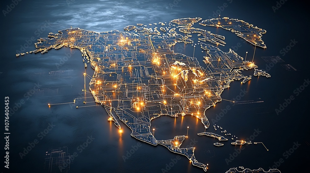 Poster Stunning high tech digital map of North America featuring a complex network of interconnected nodes pulsing with golden light