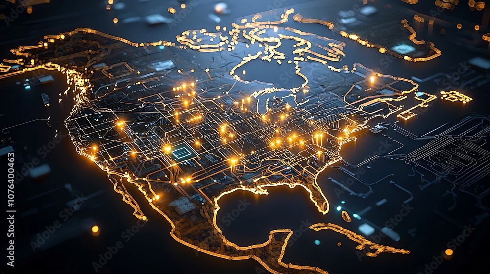 Poster Visually stunning high tech map of North America showcasing a complex digital network with intricate patterns formed by golden light nodes