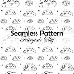 Seamless pattern with Hand drawn curly doodles of rainy clouds on a transparent background